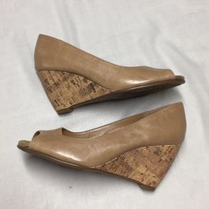 AEROSOLES Peep Toe Cork Wedge in Nude Camel Brown